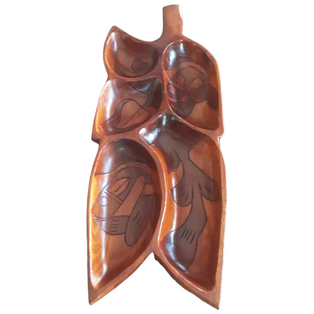 Vtg. Monkeypod Hand Carved Wood. 5 Section Serving Bowl. Aruba. Fish & Leaf